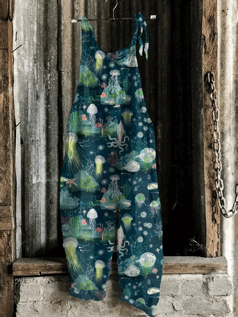 Lightweight artisanal jumpsuit in jellyfish ocean style