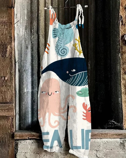 Lightweight artisanal jumpsuit in playful sea life style
