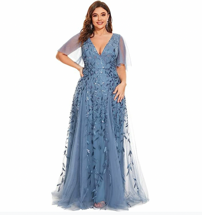 Marjorie | Plus Size V-Neck Lace & Sequin Mother of the Bride Dress