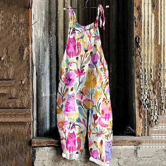Lightweight artisanal jumpsuit in watercolor cat & floral meadow print