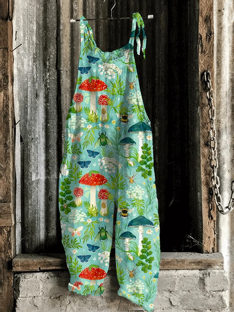 Lightweight artisanal jumpsuit in whimsical forest mushroom & insect print