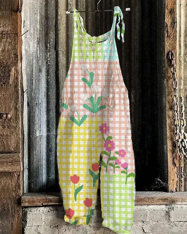 Lightweight artisanal jumpsuit in gingham tulip garden style