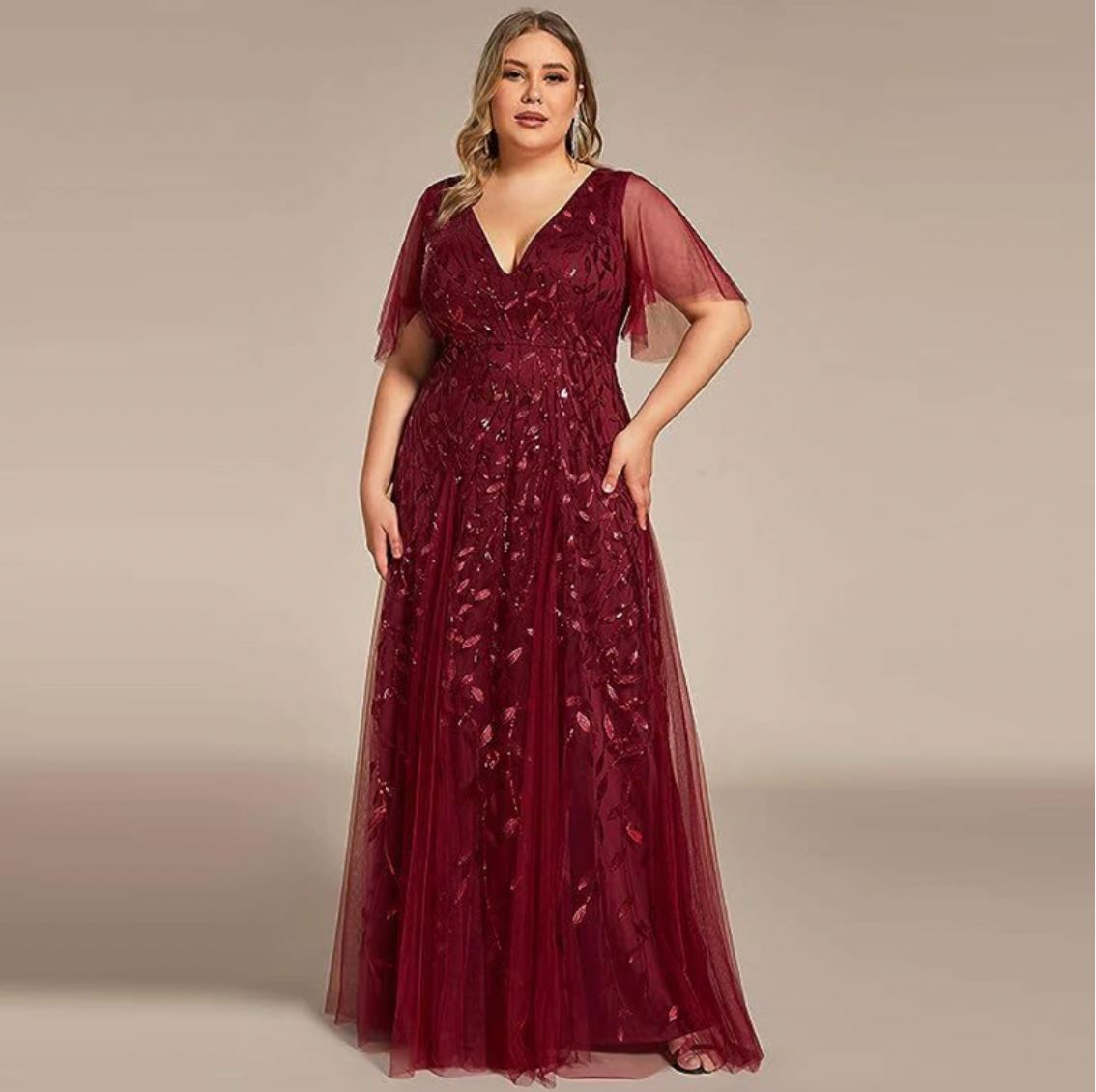 Marjorie | Plus Size V-Neck Lace & Sequin Mother of the Bride Dress