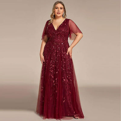 Marjorie | Plus Size V-Neck Lace & Sequin Mother of the Bride Dress