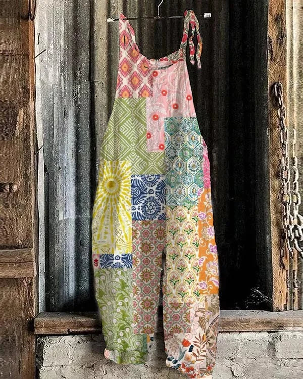 Lightweight artisanal jumpsuit in colorful patchwork style