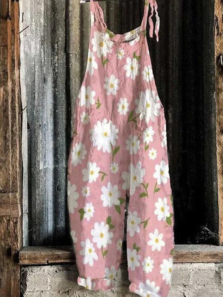 Lightweight artisanal jumpsuit in pink daisy style