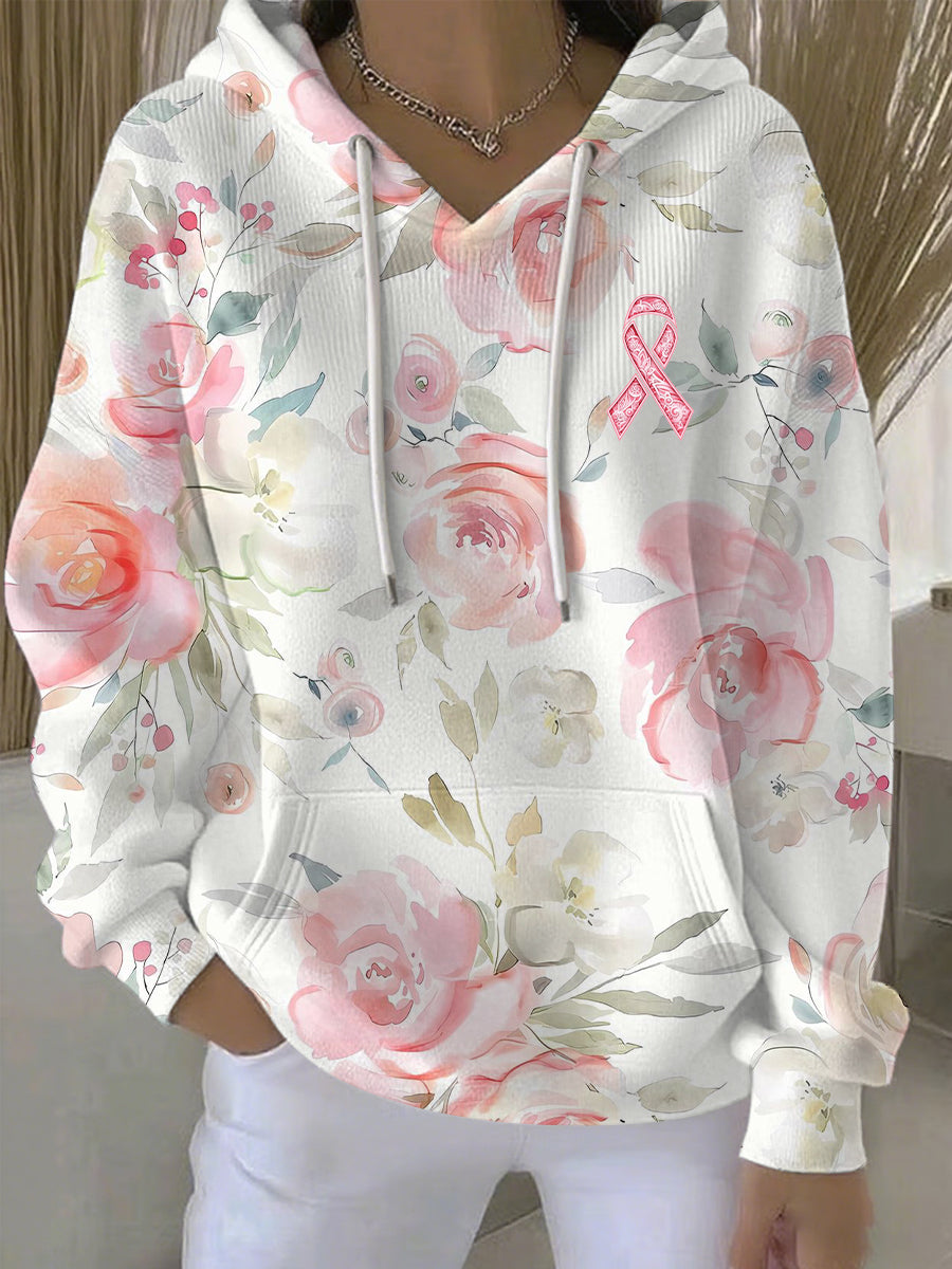 Blossom™ - Women's Casual Hoodie with Pink Floral Print for Breast Cancer Awareness