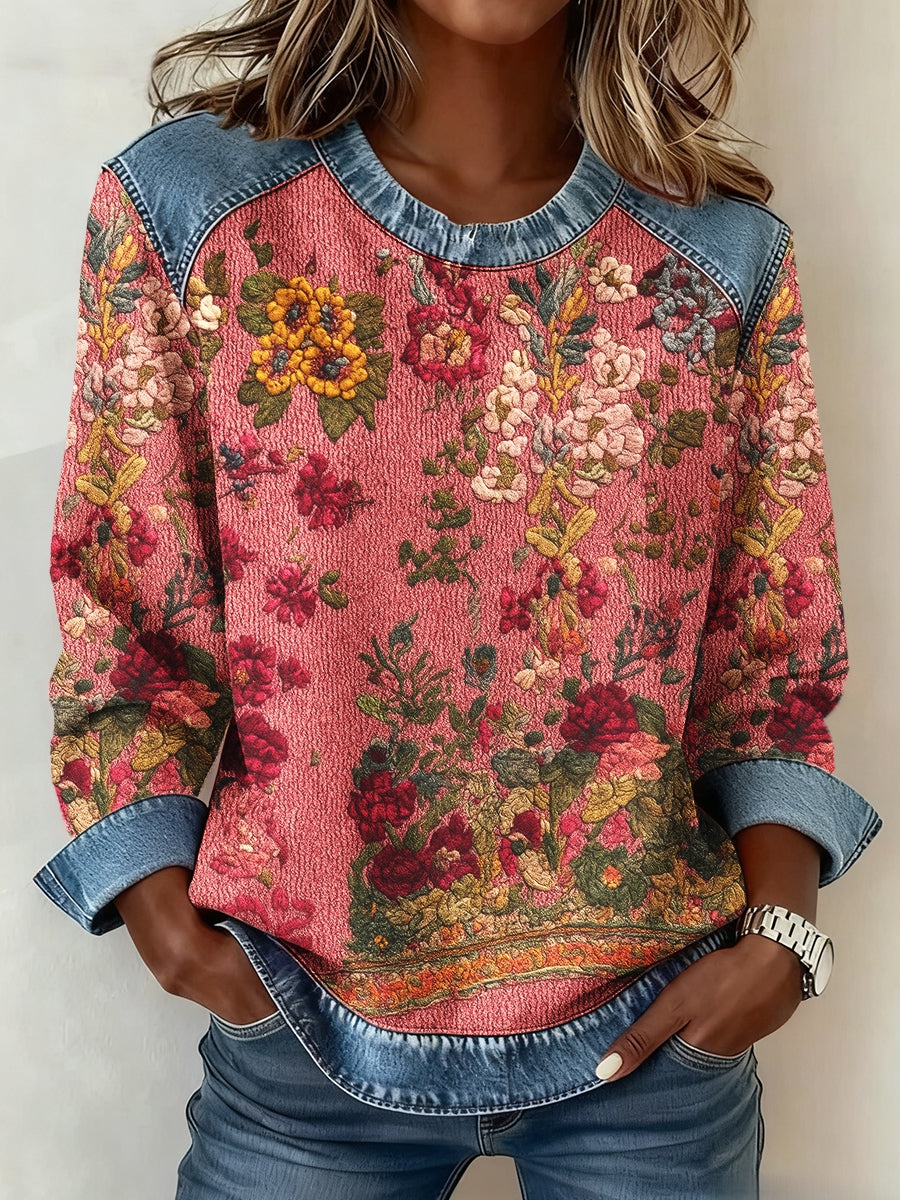 Floral 3D Print Denim Sweatshirt for Women's Breast Cancer Awareness