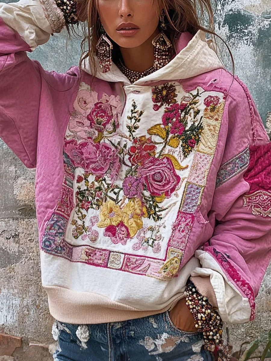 Floral Art Hoodie for Women's Breast Cancer Awareness